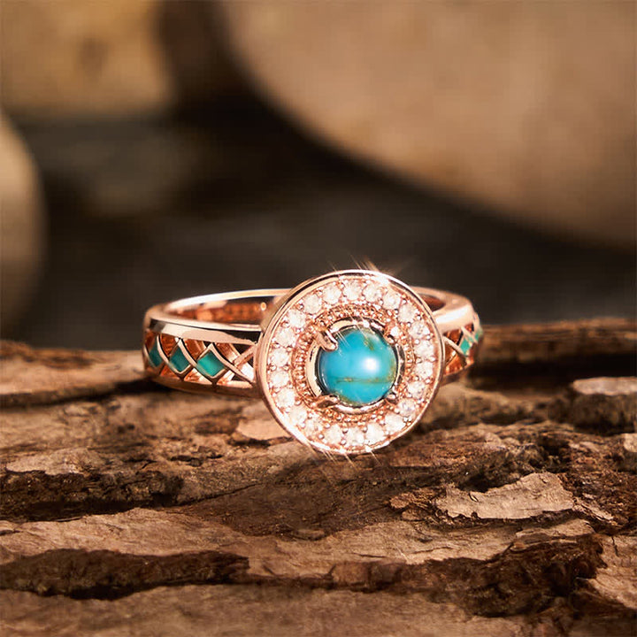 Vintage Round Simulated Turquoise Halo Ring Ethnic Hollow Metal Ring - image 4