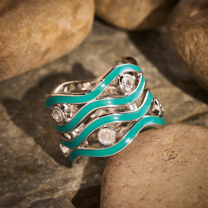 Layered Wave Enamel Stone Women Statement Ring - image 2