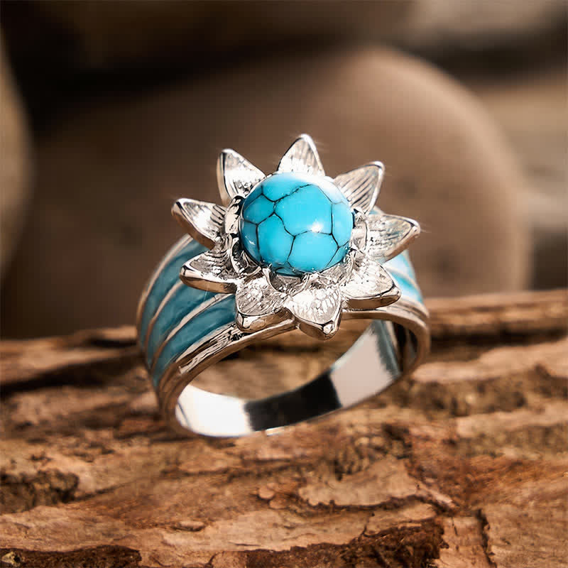 Boho Ethnic Style Sun Shape Faux Turquoise Inlaid Silver Women Ring - image 3