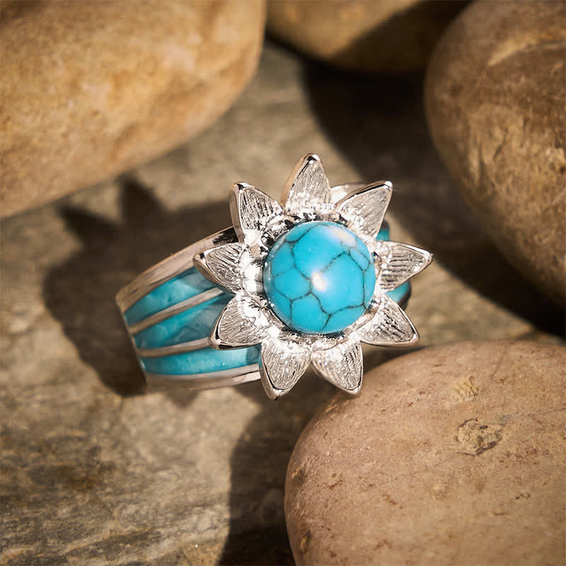 Boho Ethnic Style Sun Shape Faux Turquoise Inlaid Silver Women Ring - image 2