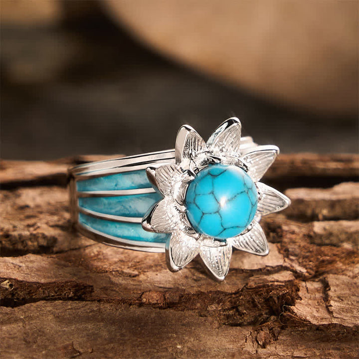 Boho Ethnic Style Sun Shape Faux Turquoise Inlaid Silver Women Ring - image 4