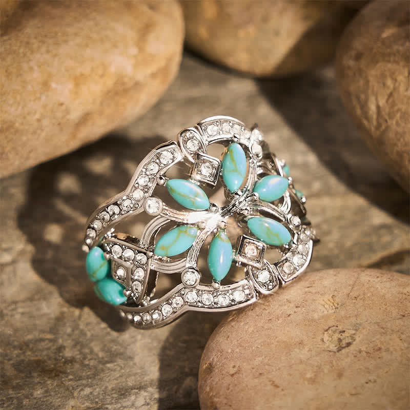 Ethnic style Retro Hollow Wide Band Simulated Turquoise & Crystal Ring - image 1