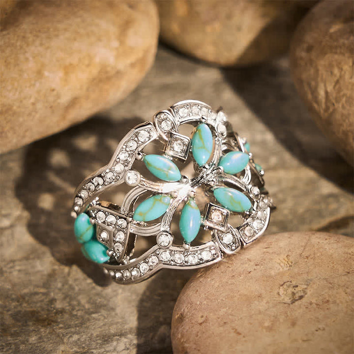 Ethnic style Retro Hollow Wide Band Simulated Turquoise & Crystal Ring - image 2