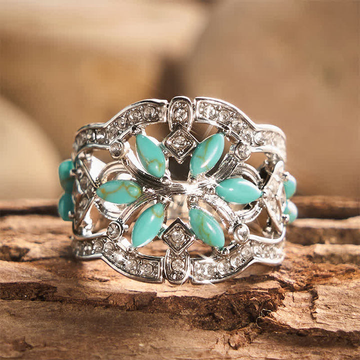 Ethnic style Retro Hollow Wide Band Simulated Turquoise & Crystal Ring - image 3