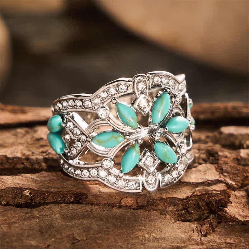 Ethnic style Retro Hollow Wide Band Simulated Turquoise & Crystal Ring - image 4