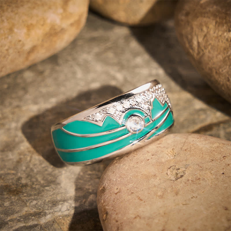 Vintage Mountain Sun Pattern Enamel Cubic Zirconia Silver Wide Band Ring - image 1