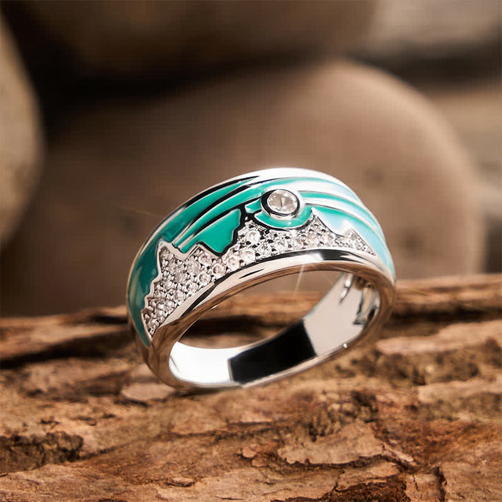 Vintage Mountain Sun Pattern Enamel Cubic Zirconia Silver Wide Band Ring - image 3