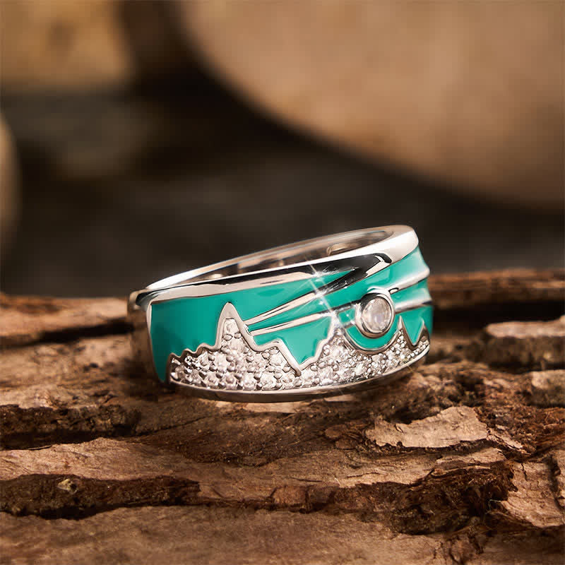 Vintage Mountain Sun Pattern Enamel Cubic Zirconia Silver Wide Band Ring - image 3