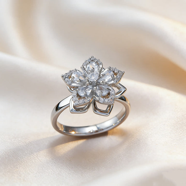 Rotating Sakura Flower Zircon Anti Anxiety Fidget Ring - White & Silver - image 10