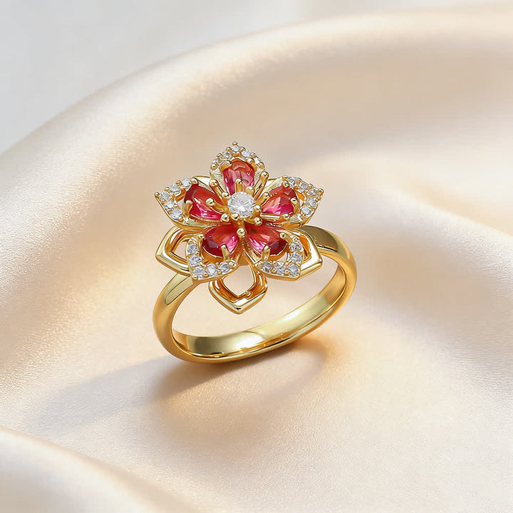 Rotating Sakura Flower Zircon Anti Anxiety Fidget Ring - Red & Gold - image 8