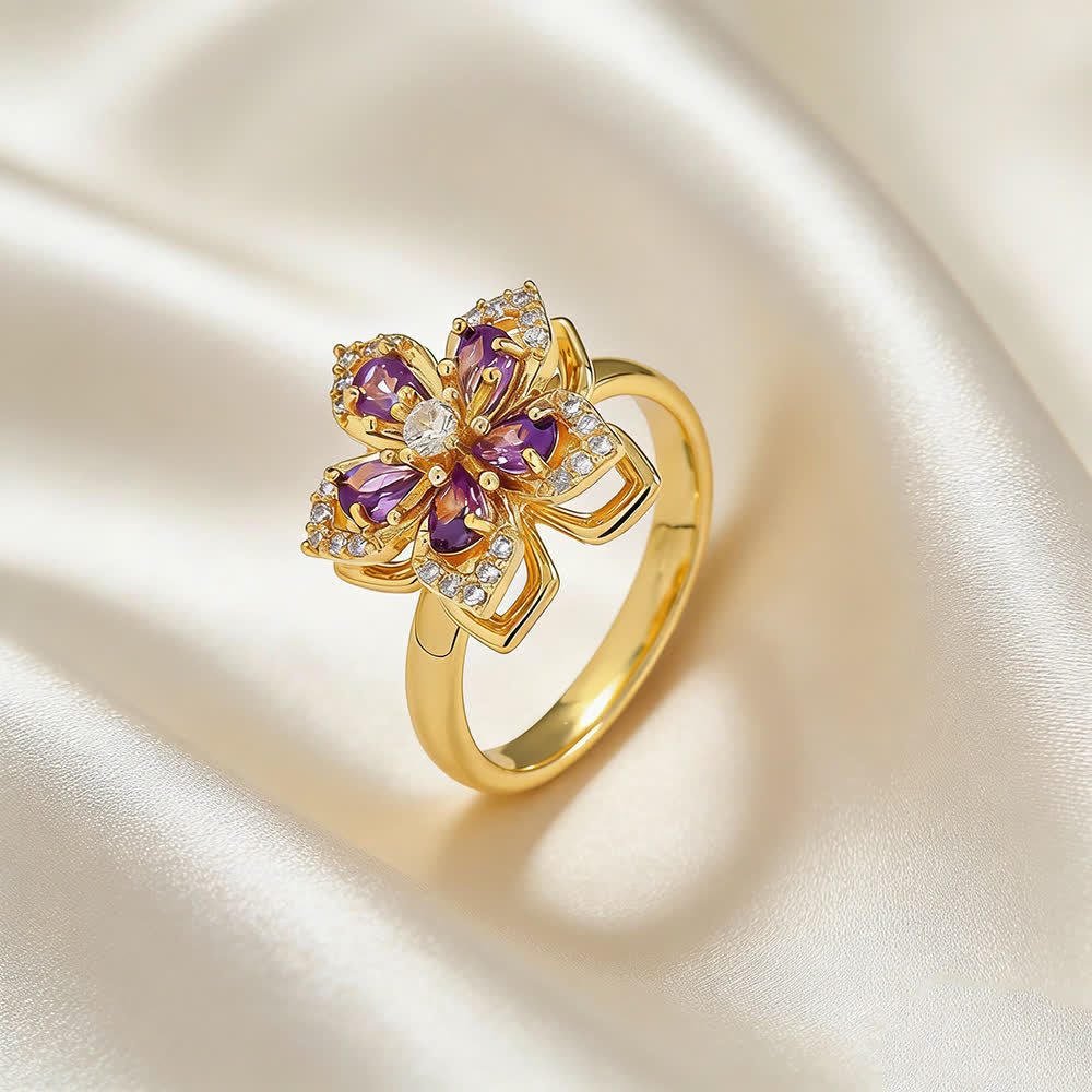 Rotating Sakura Flower Zircon Anti Anxiety Fidget Ring - Purple & Gold - image 5