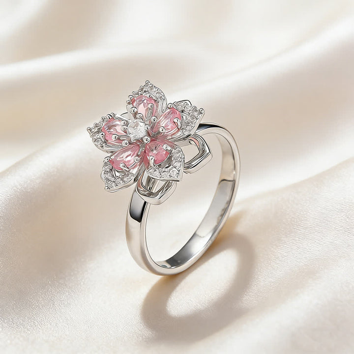 Rotating Sakura Flower Zircon Anti Anxiety Fidget Ring - Pink & SIlver - image 14