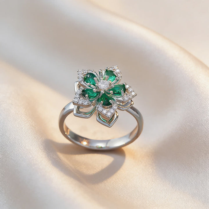 Rotating Sakura Flower Zircon Anti Anxiety Fidget Ring - Green & Silver - image 15