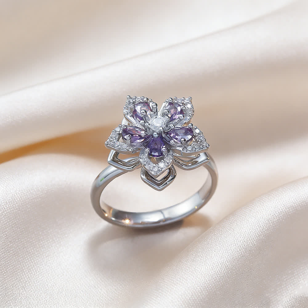 Rotating Sakura Flower Zircon Anti Anxiety Fidget Ring - Purple & Silver - image 11