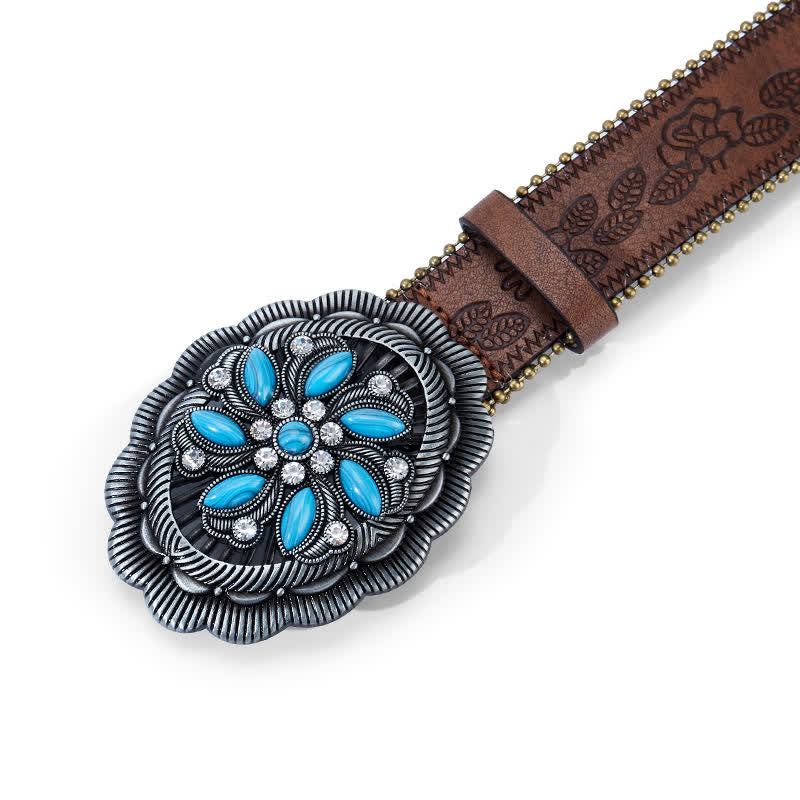 Turquoise Flower Concho Buckle Embossed Brown Leather Belt - image 2