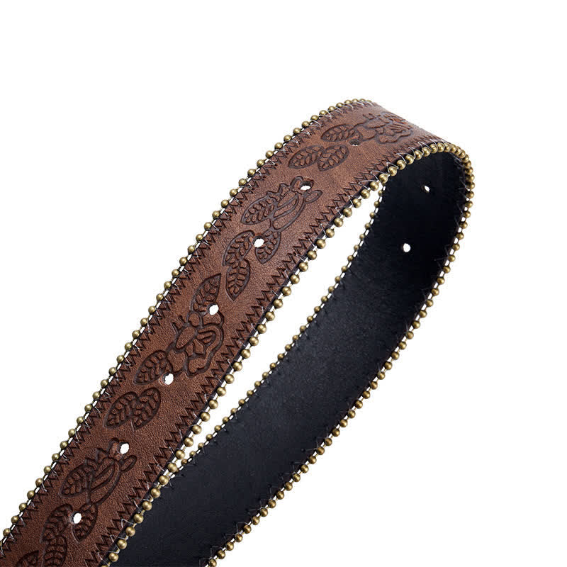 Turquoise Flower Concho Buckle Embossed Brown Leather Belt - image 5