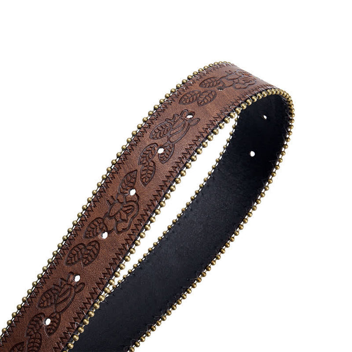 Turquoise Flower Concho Buckle Embossed Brown Leather Belt - image 5