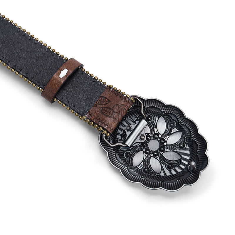 Turquoise Flower Concho Buckle Embossed Brown Leather Belt - image 3