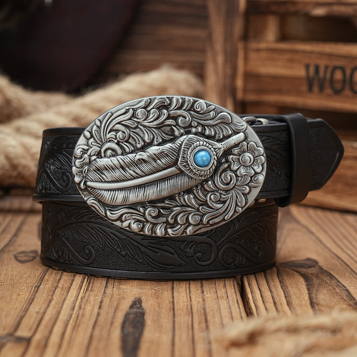 Feather Medallion Buckle Leather Belt With Turquoise Accent - Black - 38 - image 4