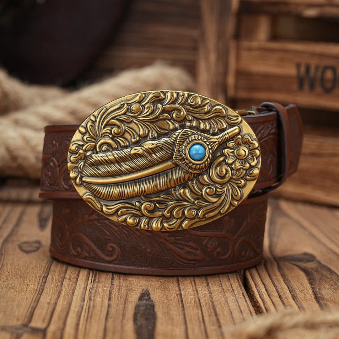 Feather Medallion Buckle Leather Belt With Turquoise Accent - Brown - 38 - image 6