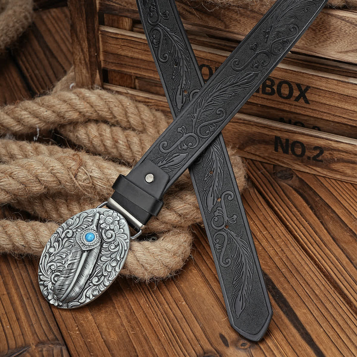 Feather Medallion Buckle Leather Belt With Turquoise Accent - image 5