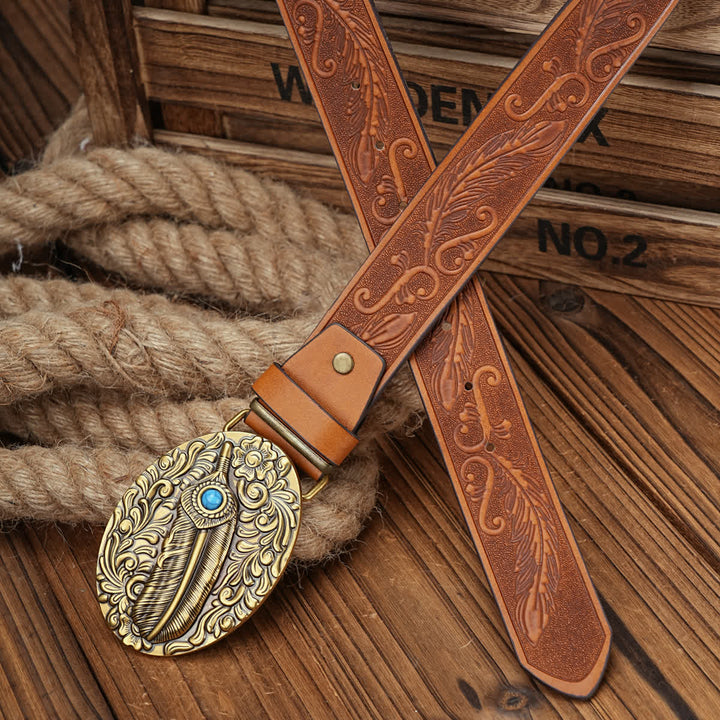 Feather Medallion Buckle Leather Belt With Turquoise Accent - image 3
