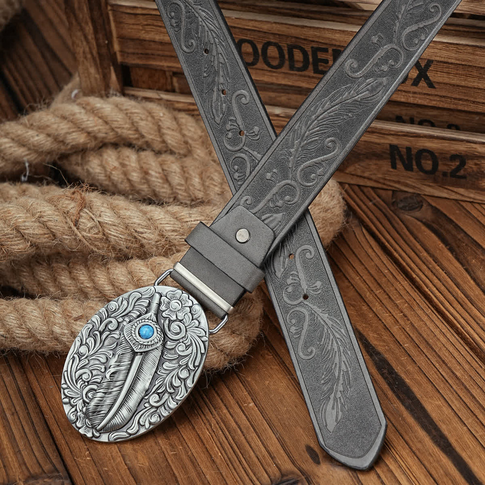 Feather Medallion Buckle Leather Belt With Turquoise Accent - image 1