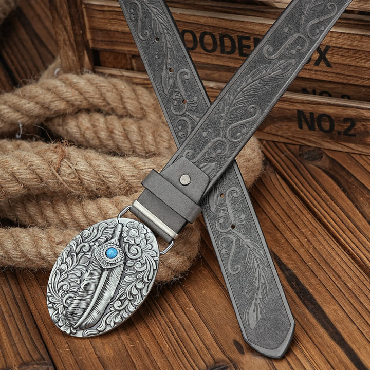 Feather Medallion Buckle Leather Belt With Turquoise Accent - image 1