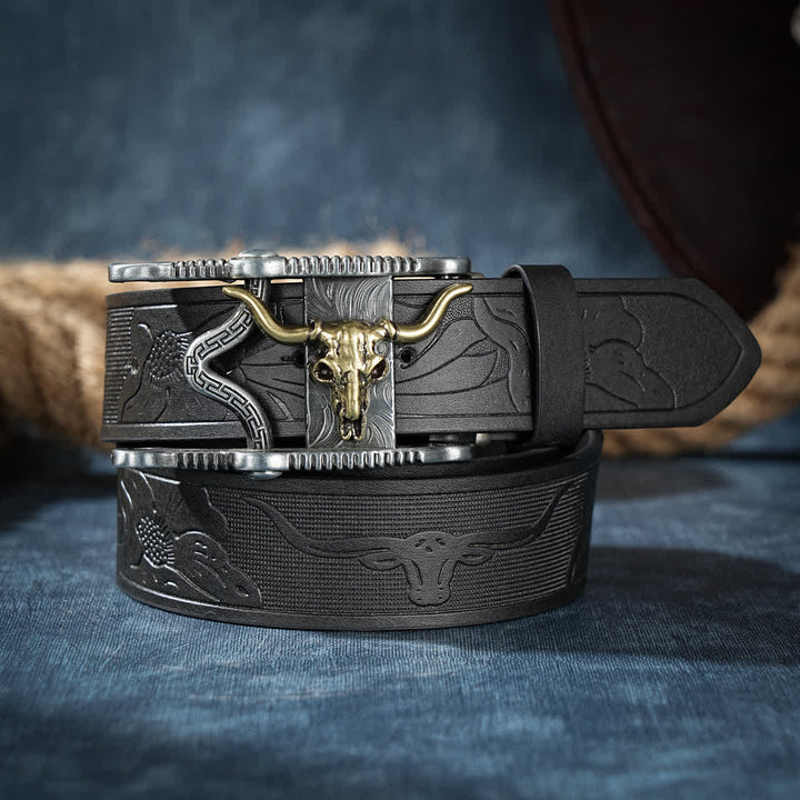Rodeo Longhorn Steer Bull Head Hollow Buckle Leather Belt - Black - 38 - image 0