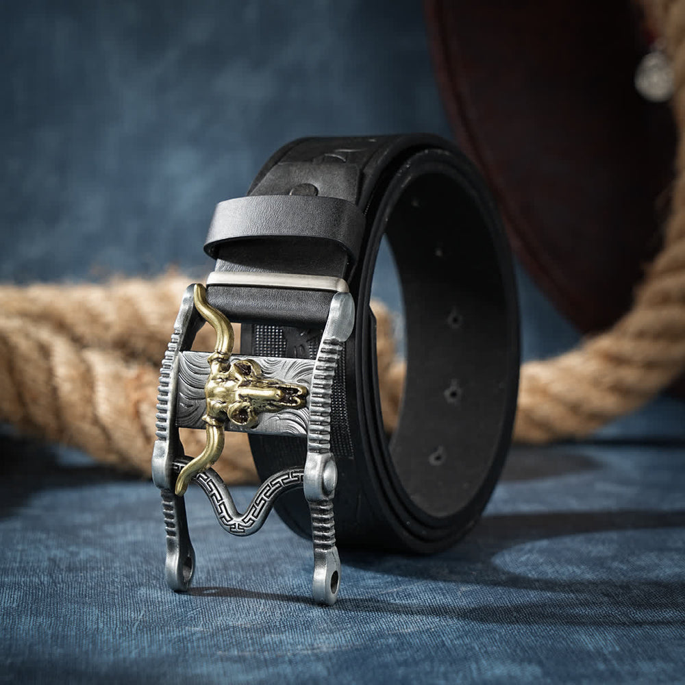 Rodeo Longhorn Steer Bull Head Hollow Buckle Leather Belt - image 1