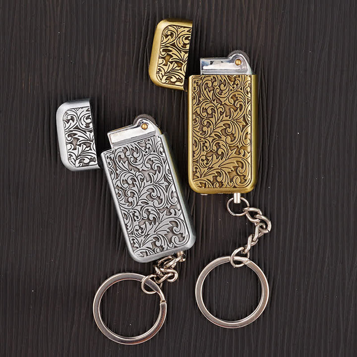 Retro Baroque Carved Flower Flip-Top Butane Lighter Keychain - image 2