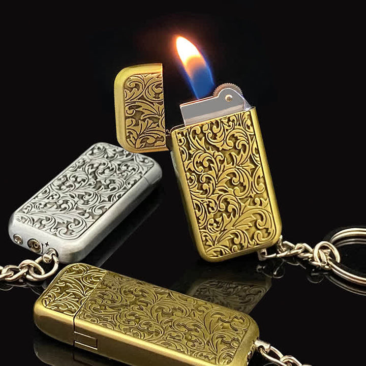 Retro Baroque Carved Flower Flip-Top Butane Lighter Keychain - image 0
