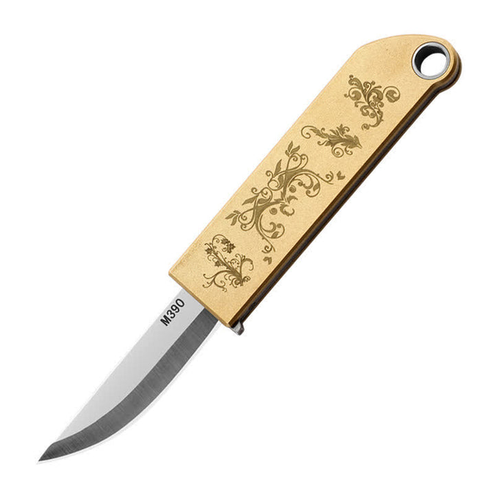 Compact Sleek Gold-Patterned Folding Brass Knife Keychain - image 6