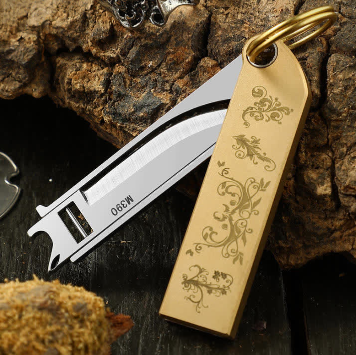 Compact Sleek Gold-Patterned Folding Brass Knife Keychain - Brass - image 2