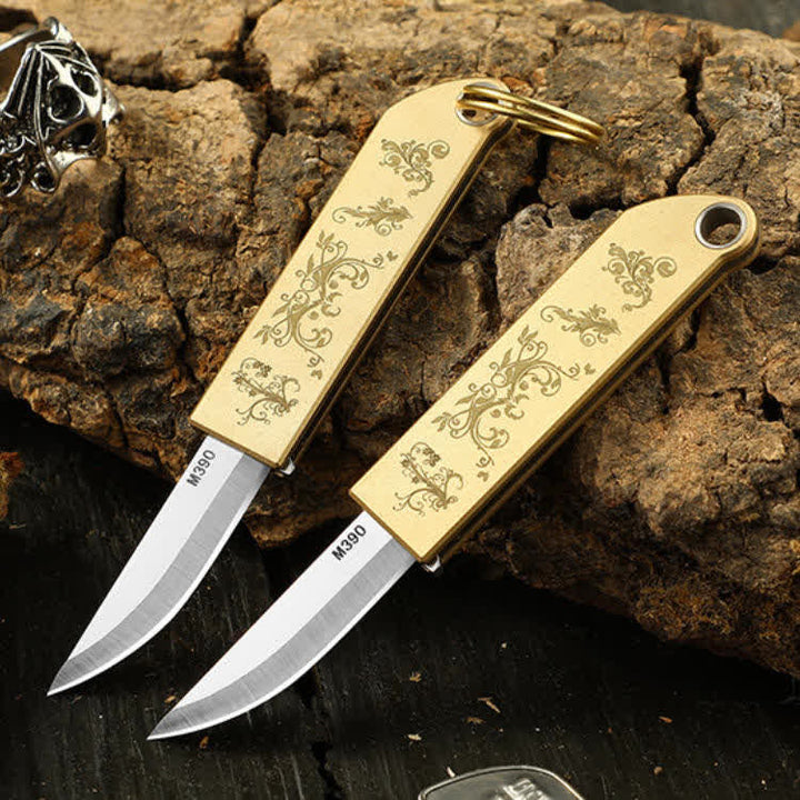 Compact Sleek Gold-Patterned Folding Brass Knife Keychain - image 3