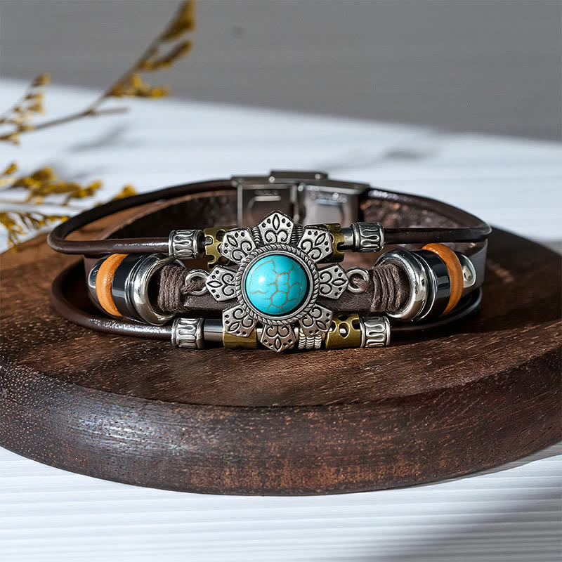 Handmade Braided Boho Turquoise Charm Leather Bracelet - Style#4 - image 6