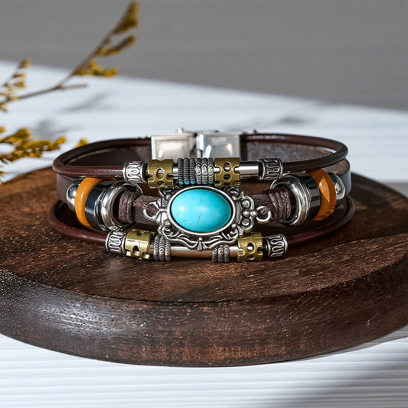 Handmade Braided Boho Turquoise Charm Leather Bracelet - Style#6 - image 8
