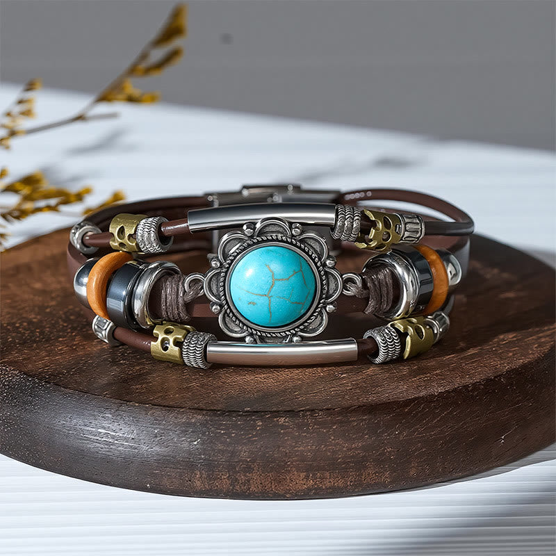 Handmade Braided Boho Turquoise Charm Leather Bracelet - Style#11 - image 13
