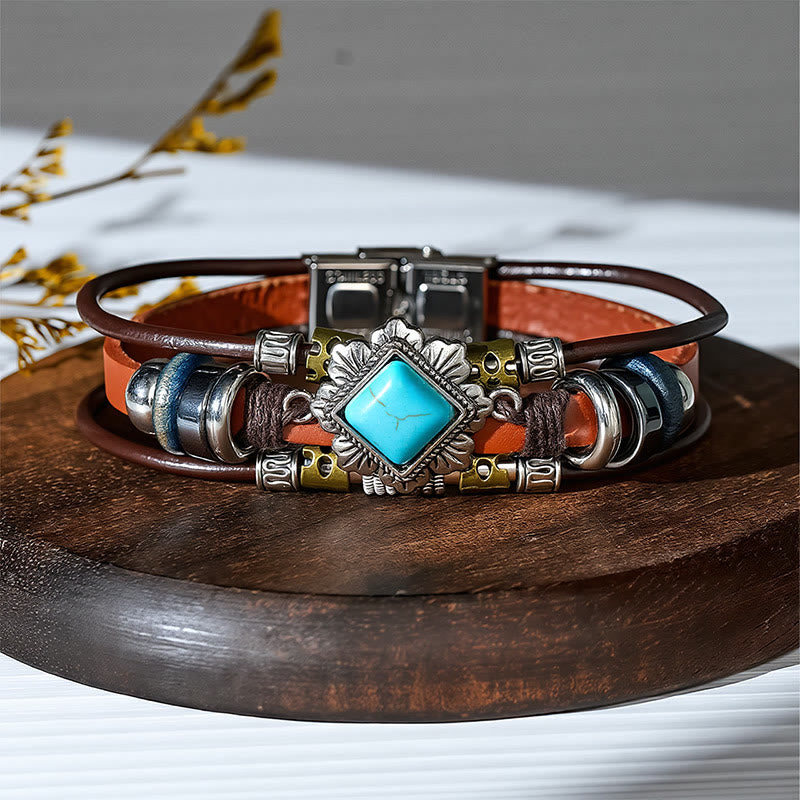 Handmade Braided Boho Turquoise Charm Leather Bracelet - Style#12 - image 14