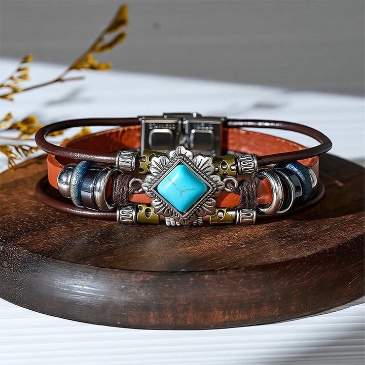 Handmade Braided Boho Turquoise Charm Leather Bracelet - Style#12 - image 14