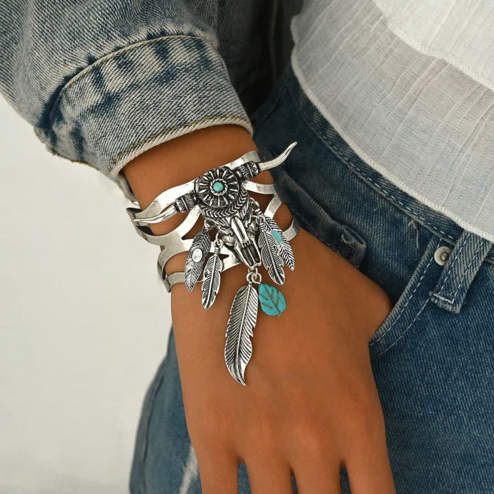 Southwestern Cow Skull Turquoise Feather Open Cuff Bracelet - image 1