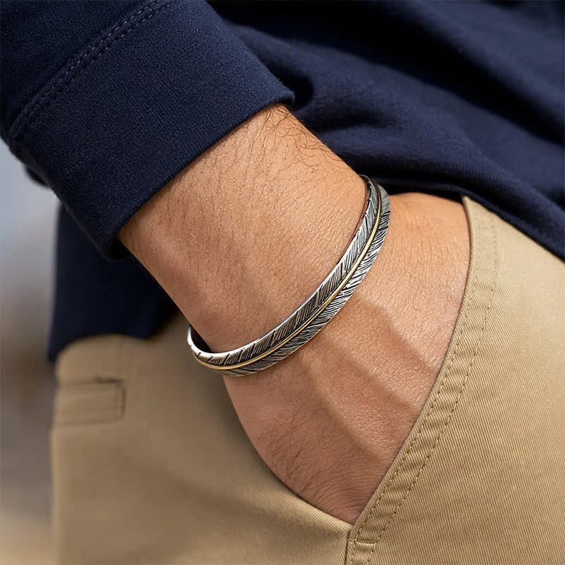 Two-Tone Spirit Single Feather Totem Open Cuff Bracelet - image 1