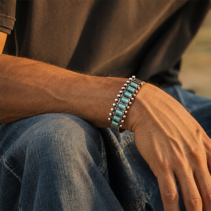 Rectangular Turquoise Stone Western Open Cuff Bracelet - image 1