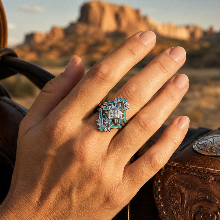 Vintage Geometric Pattern Statement Ring Ethnic Inlaid Crystal Metal Ring for Party Gift - image 1