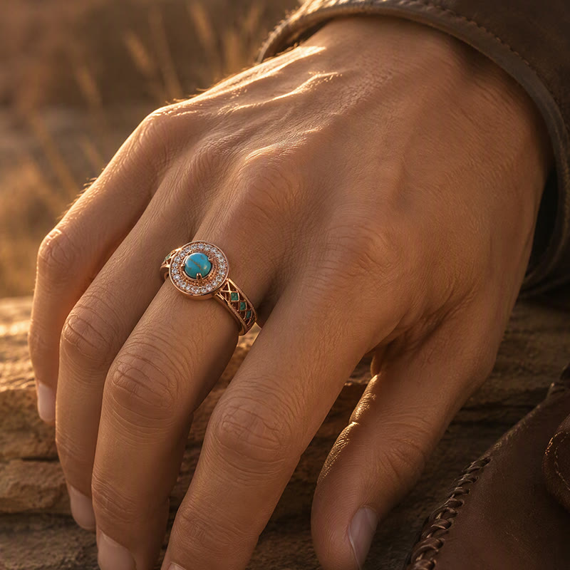 Vintage Round Simulated Turquoise Halo Ring Ethnic Hollow Metal Ring - image 1