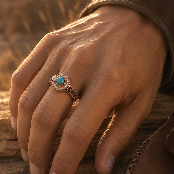 Vintage Round Simulated Turquoise Halo Ring Ethnic Hollow Metal Ring - image 1