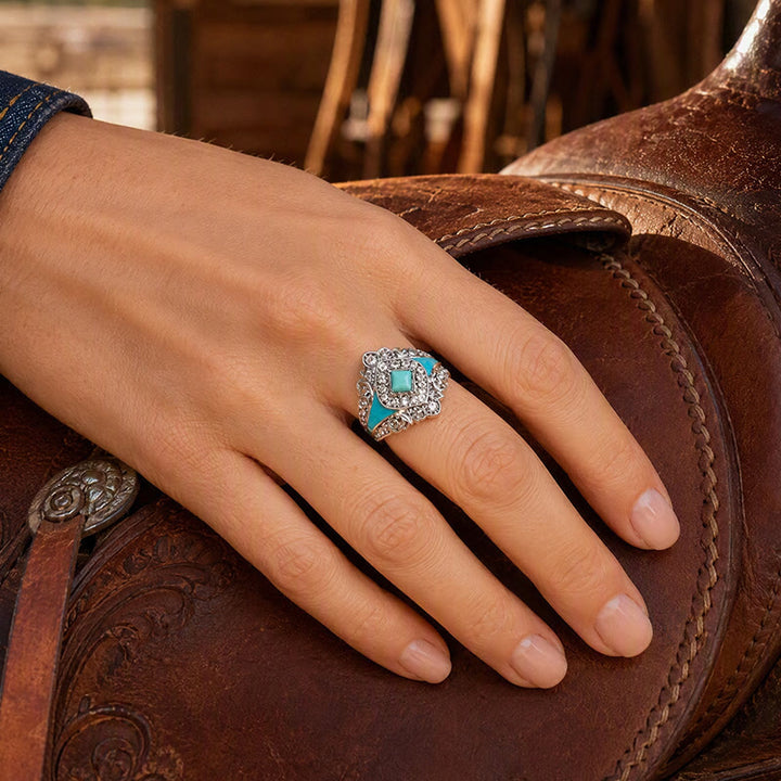 Vintage Imitation Turquoise Rhinestone Women Ring - image 2