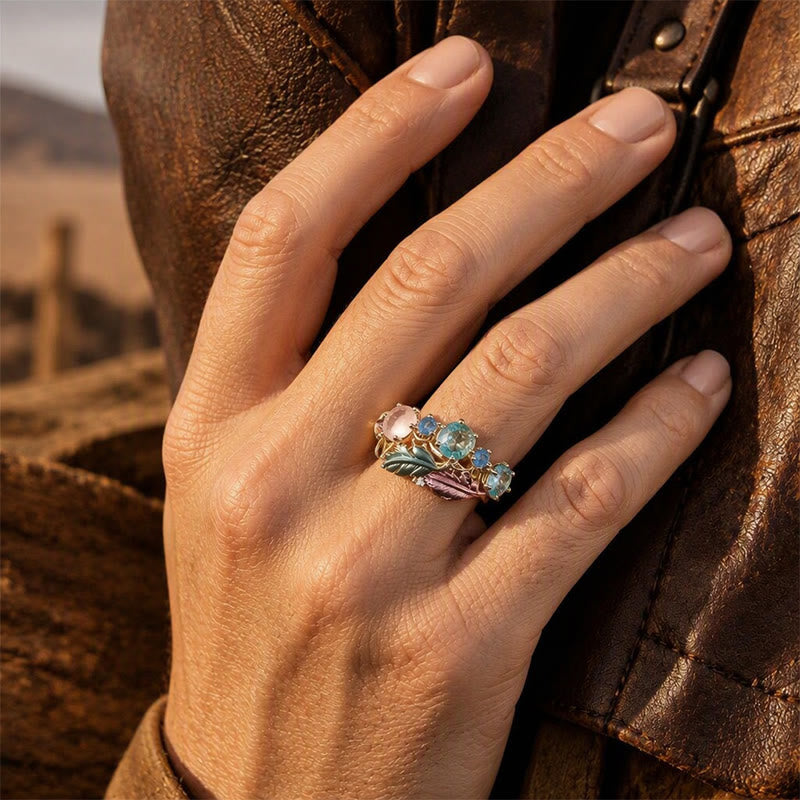 Enamel Feather Inlaid Crystal Statement Women Ring - image 1