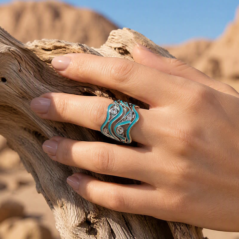 Layered Wave Enamel Stone Women Statement Ring - image 1