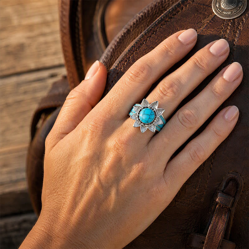 Boho Ethnic Style Sun Shape Faux Turquoise Inlaid Silver Women Ring - image 1